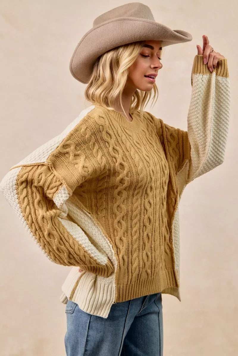 BiBi Cable Knit With Hacci Combo Sweater With Uneven Hem Detail - Trendsi - Flyclothing LLC