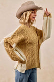 BiBi Cable Knit With Hacci Combo Sweater With Uneven Hem Detail - Trendsi - Flyclothing LLC