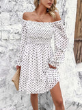 Smocked Polka Dot Long Sleeve Dress - Trendsi - Flyclothing LLC