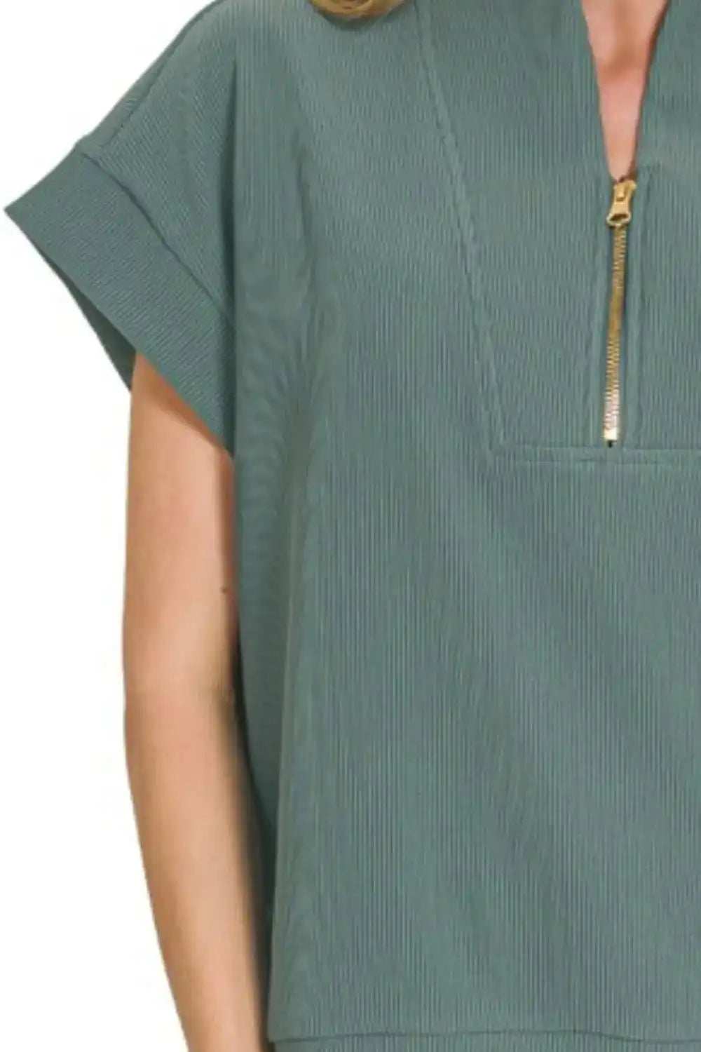 Zenana Ribbed High Neck Half Zip Top - Trendsi - Flyclothing LLC