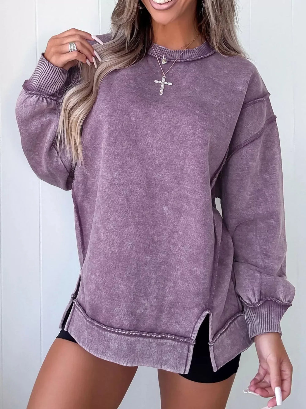 Wash Slit Round Neck Oversized Sweatshirt - Trendsi - Flyclothing LLC
