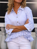Striped Ruffle Hem Button-Up Shirt - Trendsi - Flyclothing LLC