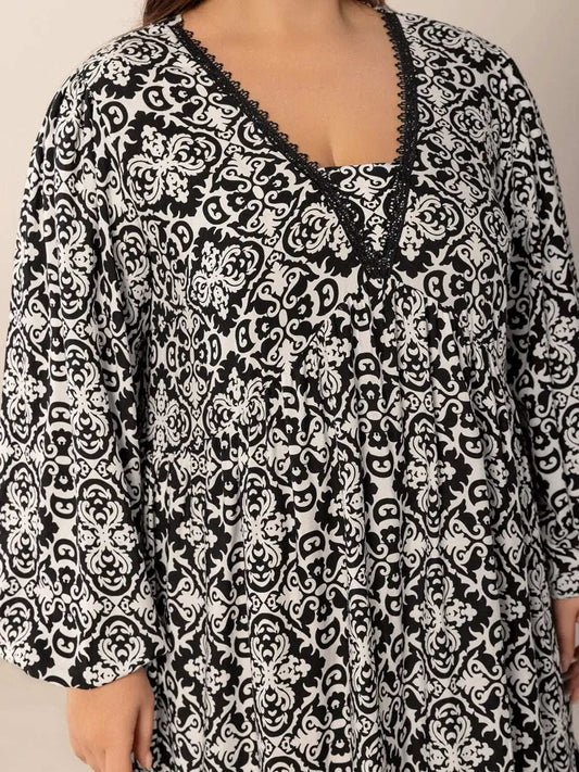 Plus Size Lace Detail Printed Balloon Sleeve Dress - Trendsi - Flyclothing LLC