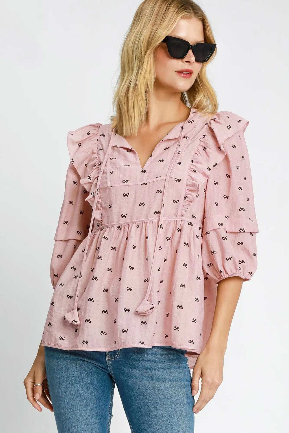 Umgee Full Size Ruffled Bow Print Tie Neck Peplum Blouse Plus Size - Trendsi - Flyclothing LLC