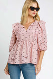 Umgee Full Size Ruffled Bow Print Tie Neck Peplum Blouse Plus Size - Trendsi - Flyclothing LLC
