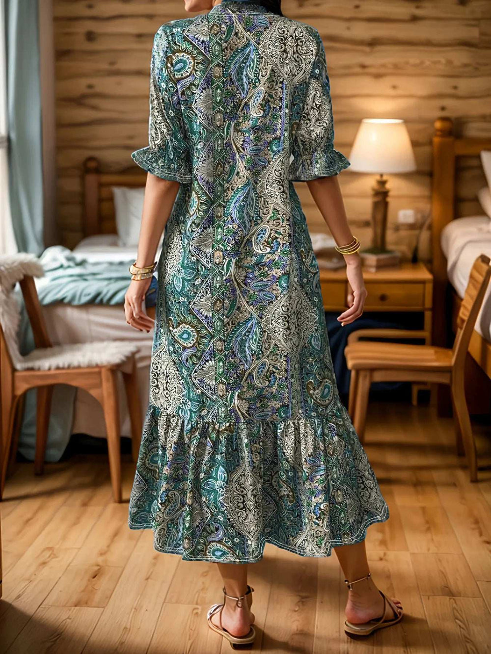 Full Size Bohemian Paisley Print Ruffle Hem Midi Dress Plus Size - Trendsi - Flyclothing LLC