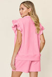Double Take Full Size Texture Flounce Sleeve Top and Drawstring Shorts Set - Trendsi - Flyclothing LLC
