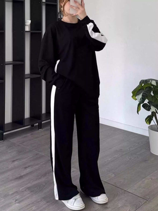 Full Size Contrast Round Neck Top and Pants Set Plus Size - Trendsi - Flyclothing LLC