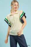 Umgee Textured Half Zip Top with Striped Flutter Sleeves - Trendsi - Flyclothing LLC