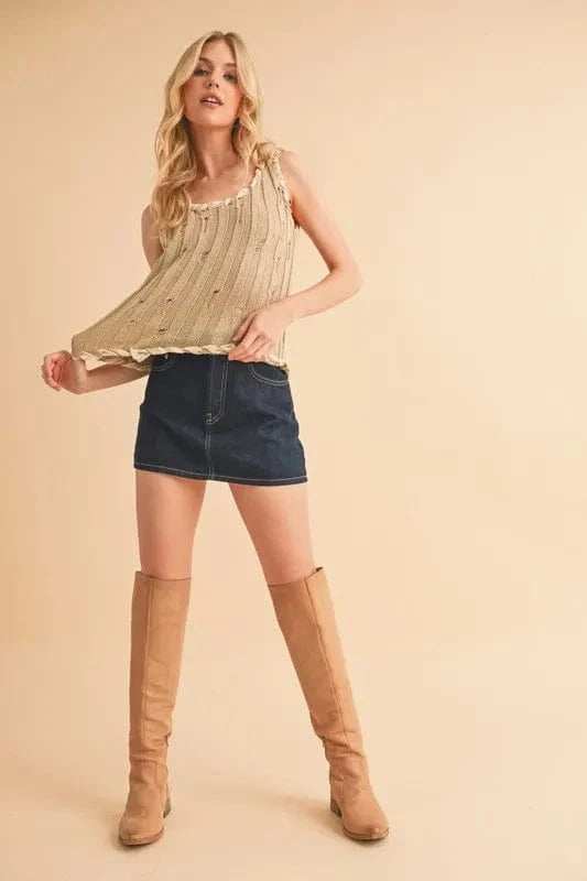 Aemi+Co Distressed Detail Round Neck Knit Tank - Trendsi - Flyclothing LLC