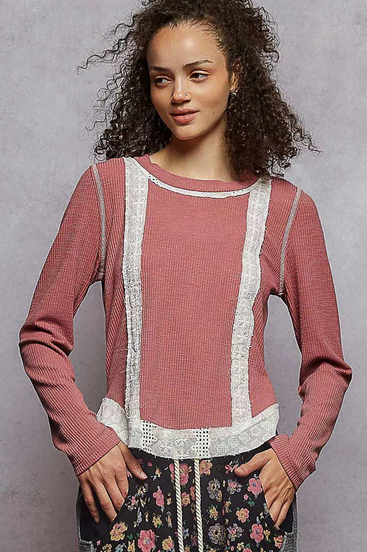 POL Contrast Round Neck Long Sleeve Ribbed Top with Eyelet Patch - Trendsi - Flyclothing LLC