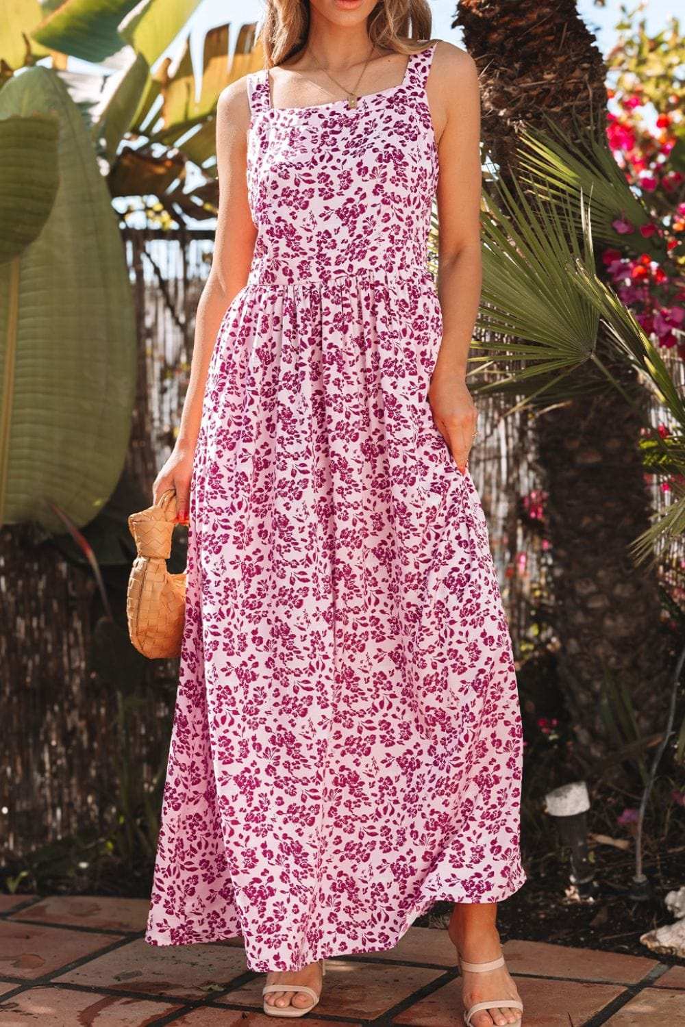 Floral Cutout Back Square Neck Maxi Dress - Trendsi - Flyclothing LLC