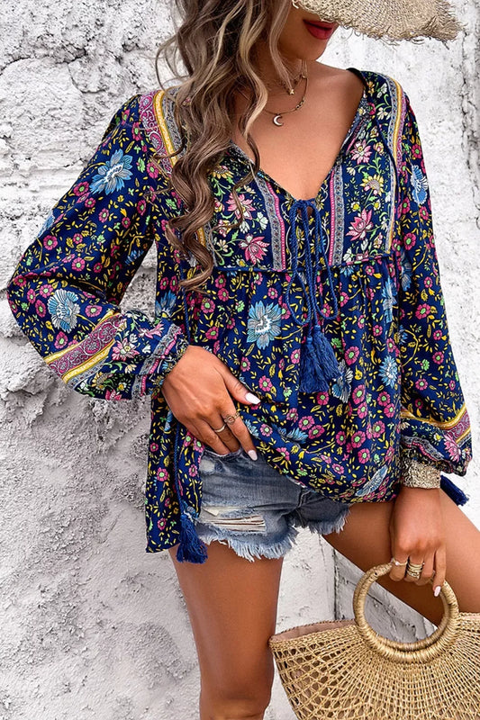 Floral Print Tie Neck Blouse - Trendsi - Flyclothing LLC