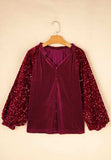 Sequin Notched Long Sleeve Blouse - Trendsi - Flyclothing LLC