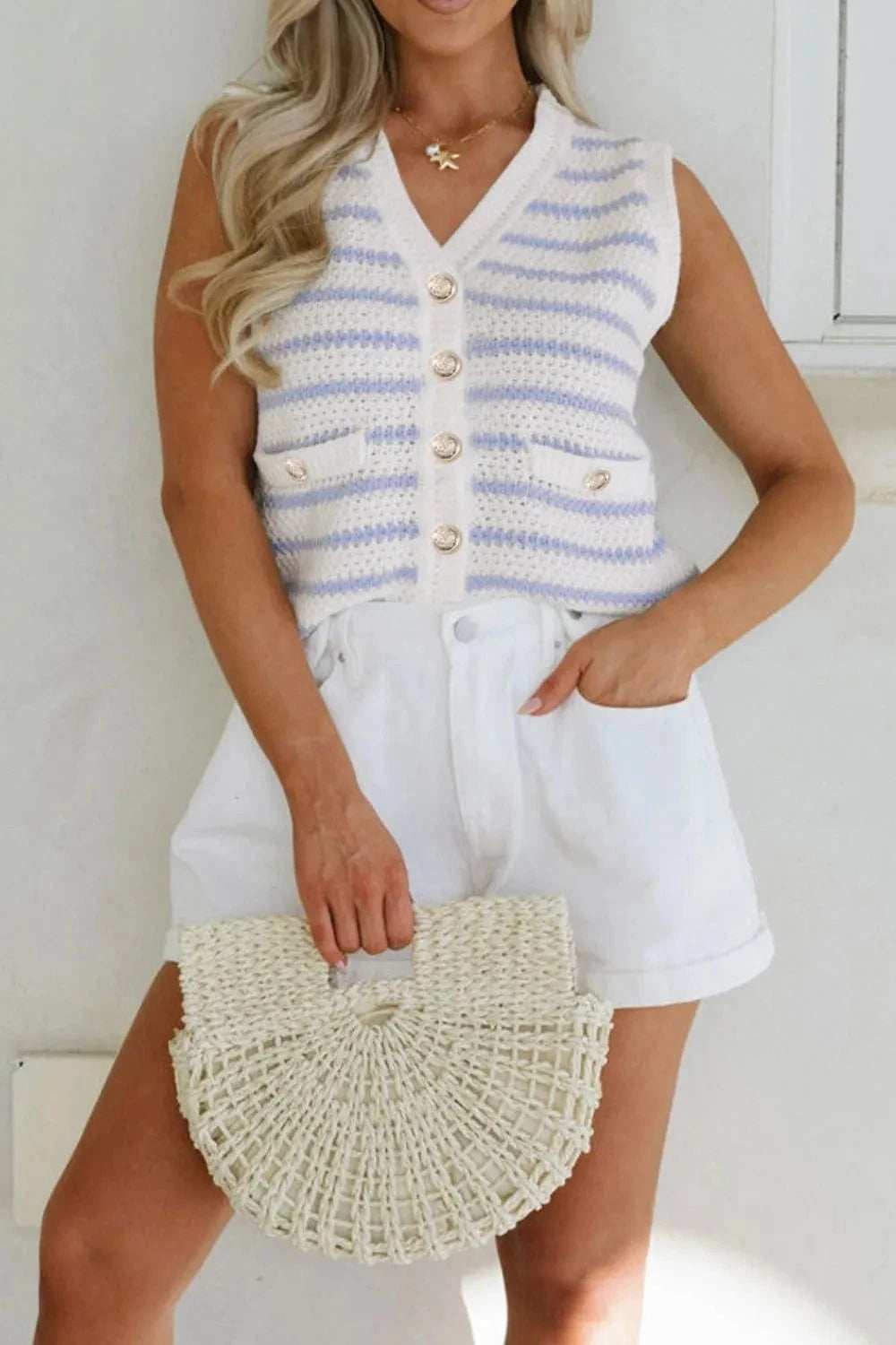 Stripe V Neck Gold Buttons Elegant Sweater Vest - Trendsi - Flyclothing LLC