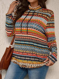 Plus Size Drawstring Printed Mock Neck Long Sleeve Top - Trendsi - Flyclothing LLC