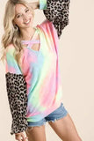BiBi Tie Dye Terry Top with Leopard Puff Sleeves - Trendsi - Flyclothing LLC