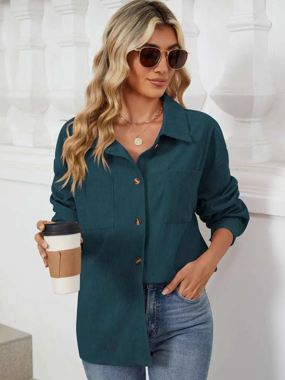 Button Up Dropped Shoulder Long Sleeve Outerwear - Trendsi - Flyclothing LLC