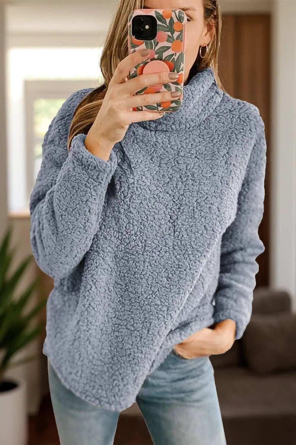 Fuzzy Turtleneck Long Sleeve Sweatshirt - Trendsi - Flyclothing LLC