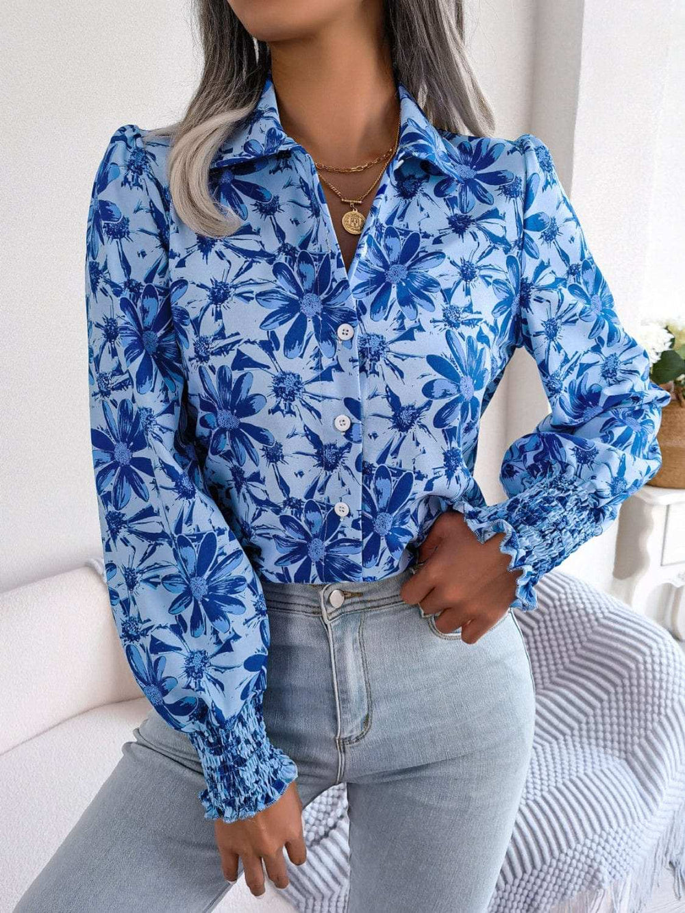 Floral Collared Neck Long Sleeve Shirt - Trendsi - Flyclothing LLC
