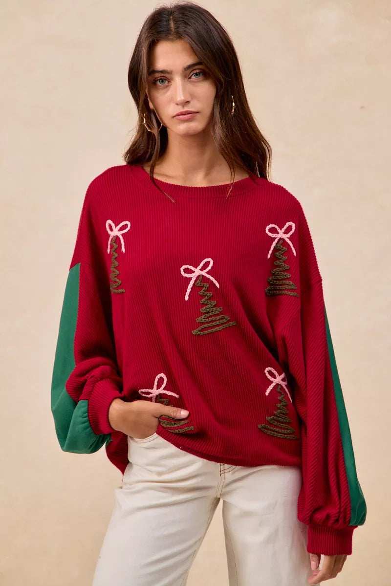 BiBi Christmas Theme Tree Embroidered Sweater - Trendsi - Flyclothing LLC