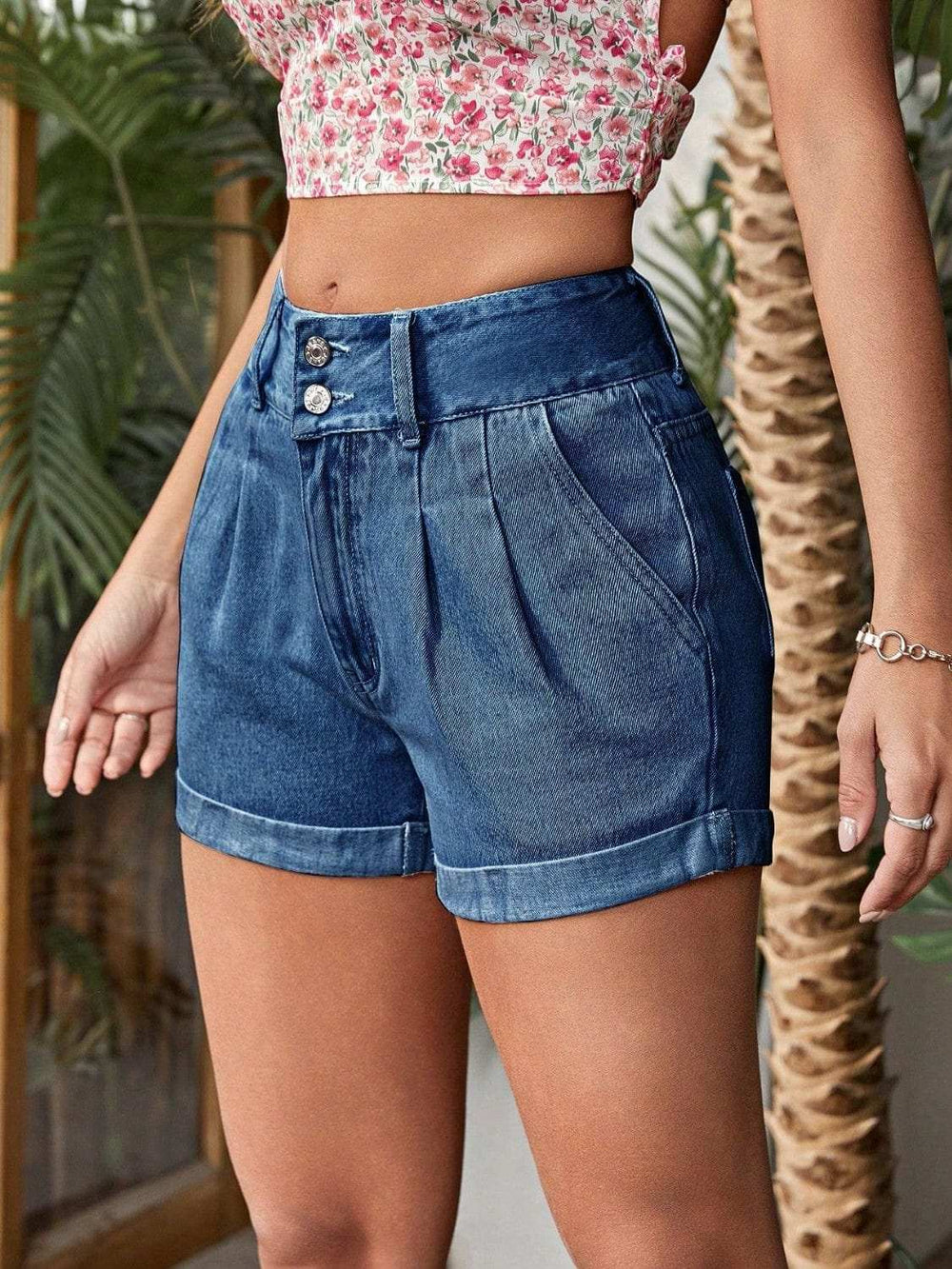 Pleated Detail High Rise Denim Shorts - Trendsi - Flyclothing LLC