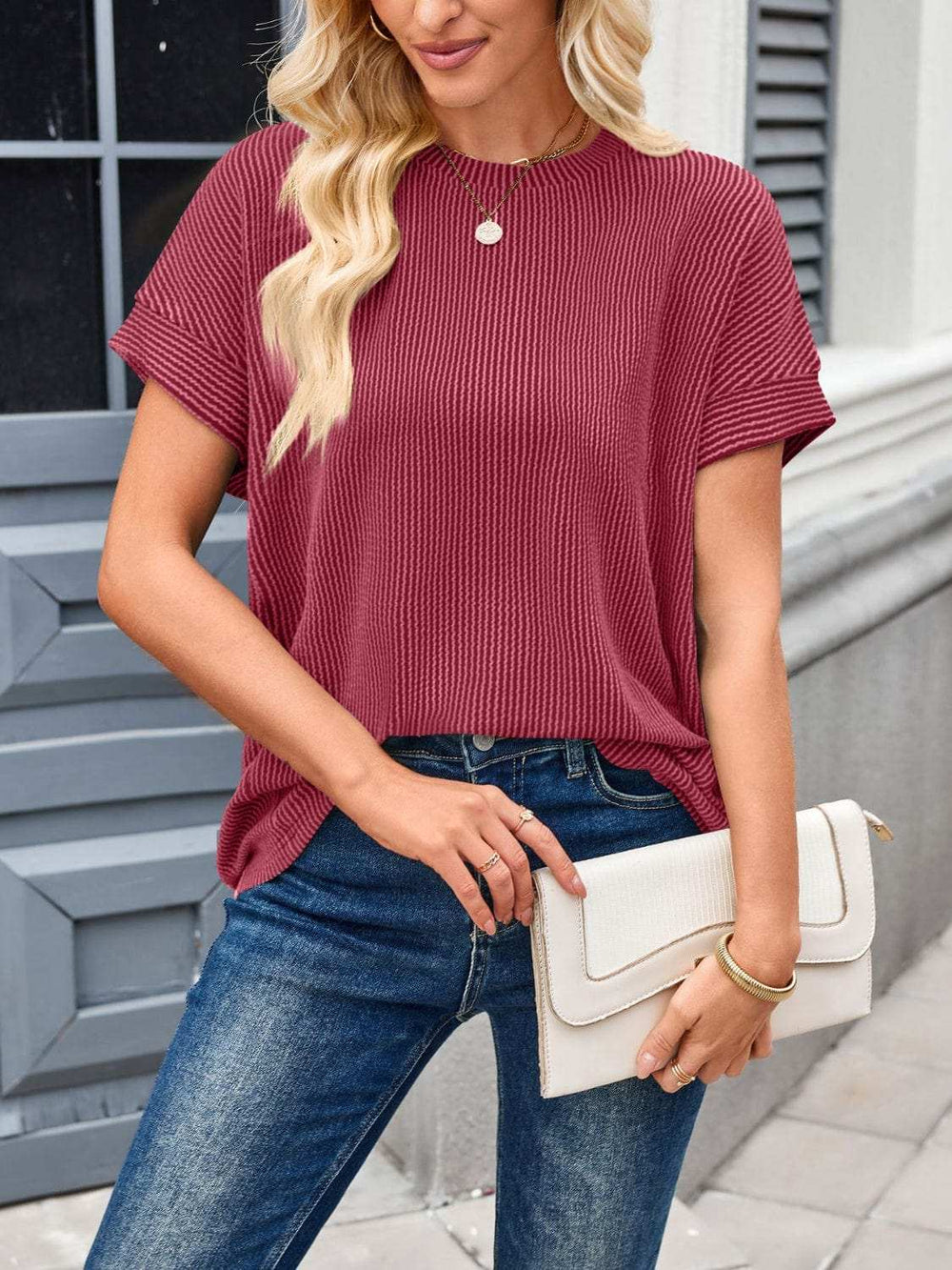 Lovelet Round Neck Short Sleeve Rib T-Shirt - Trendsi - Flyclothing LLC