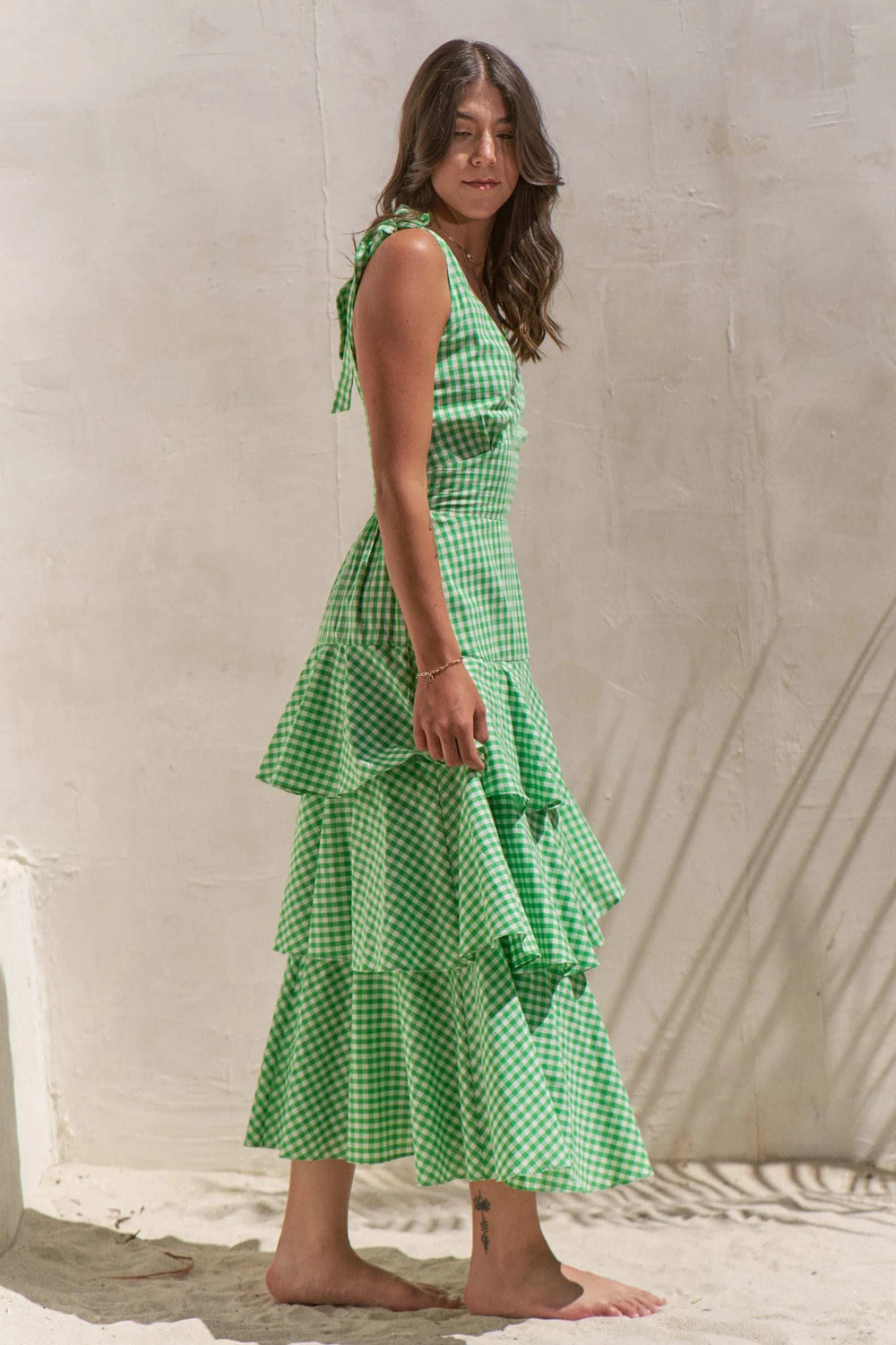 Jade By Jane Full Size Sleeveless Gingham Print Tiered Midi Dress Plus Size - Trendsi - Flyclothing LLC