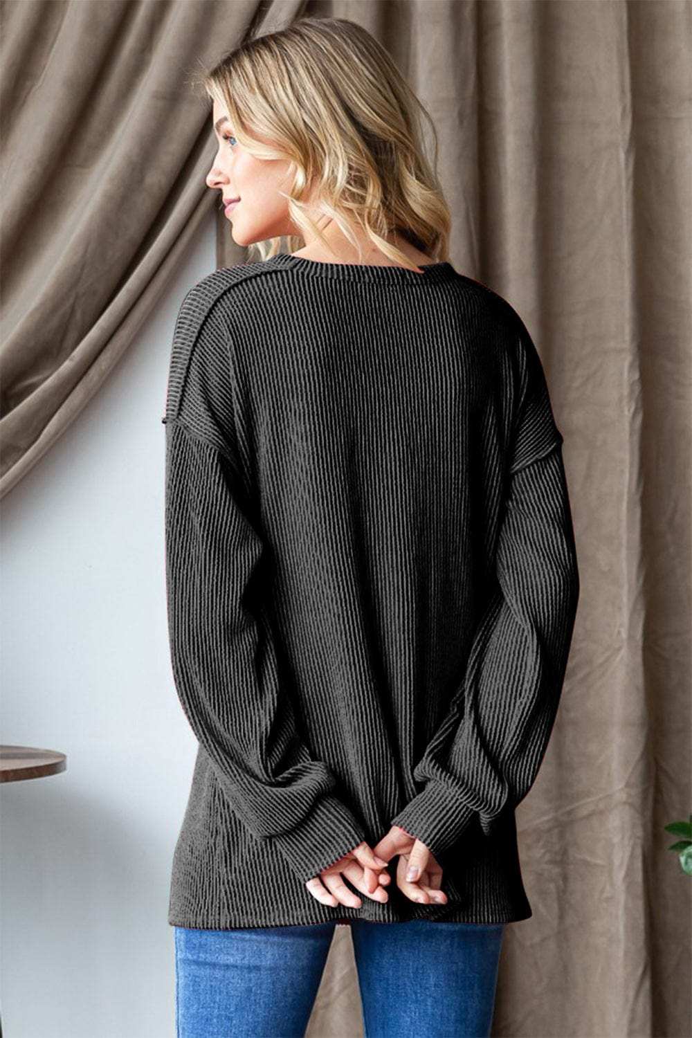 Heimish Ribbed Exposed Seam Long Sleeve T-Shirt - Trendsi - Flyclothing LLC