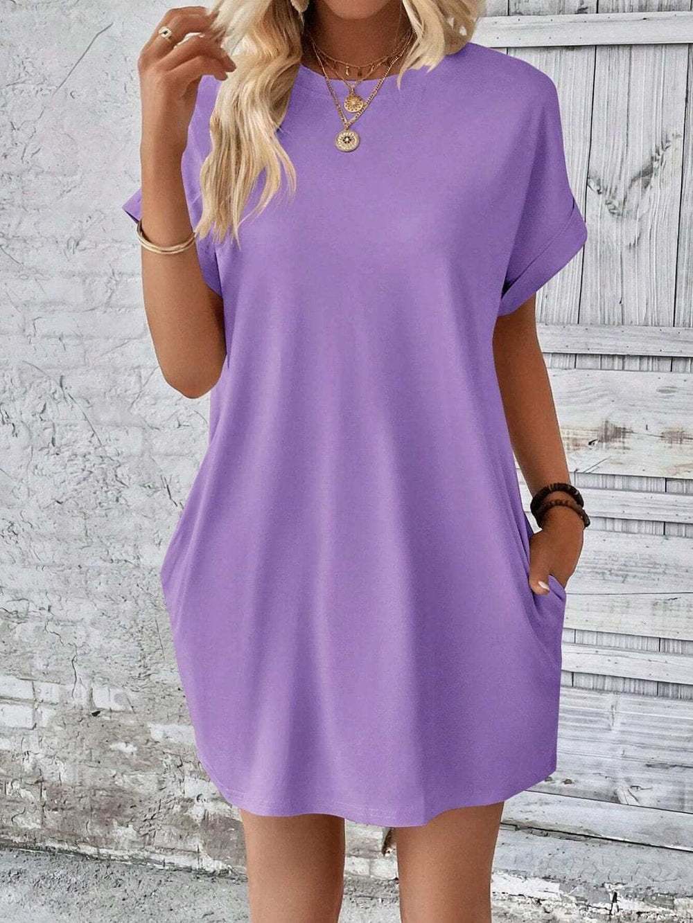Round Neck Short Sleeve Mini Dress - Trendsi - Flyclothing LLC