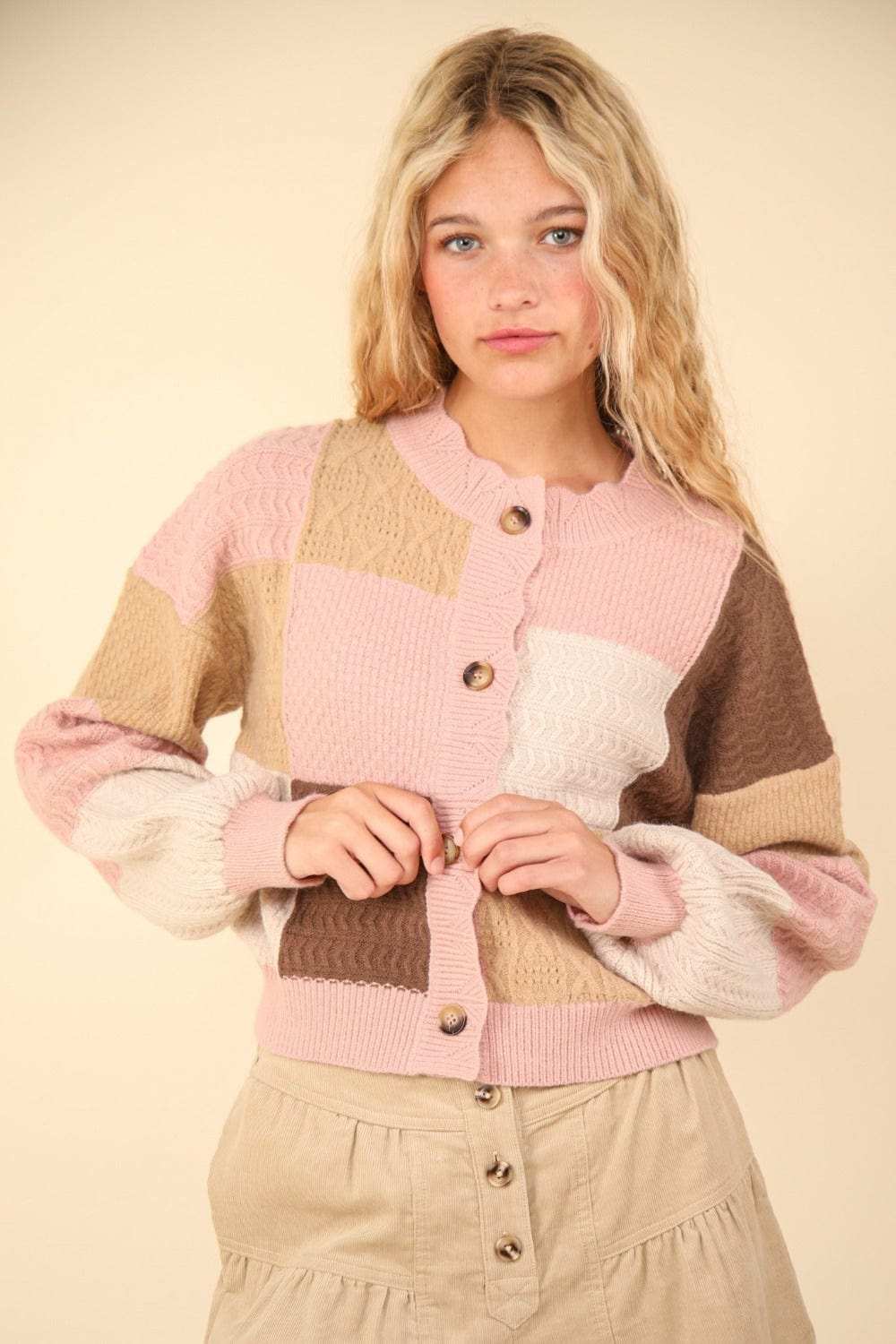 VERY J Color Block Button Down Textured Sweater Cardigan - Trendsi - Flyclothing LLC