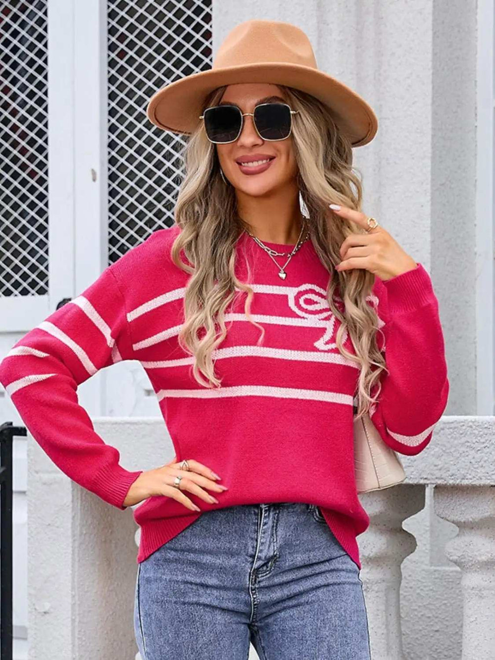 Striped Round Neck Long Sleeve Sweater - Trendsi - Flyclothing LLC