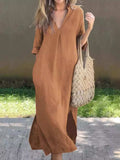 Full Size Notched Half Sleeve Midi Dress - Trendsi - Flyclothing LLC