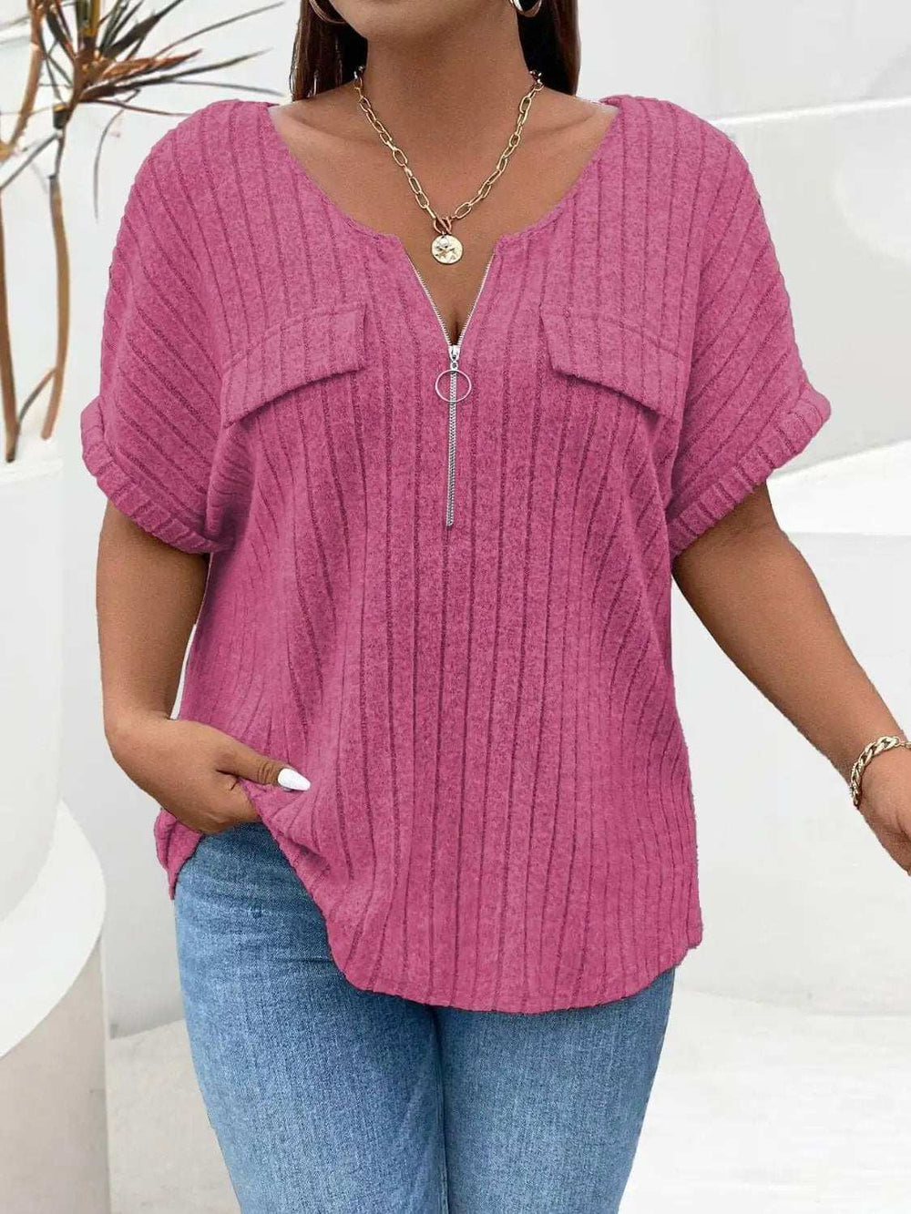 Plus Size Half Zip Short Sleeve T-Shirt - Trendsi - Flyclothing LLC