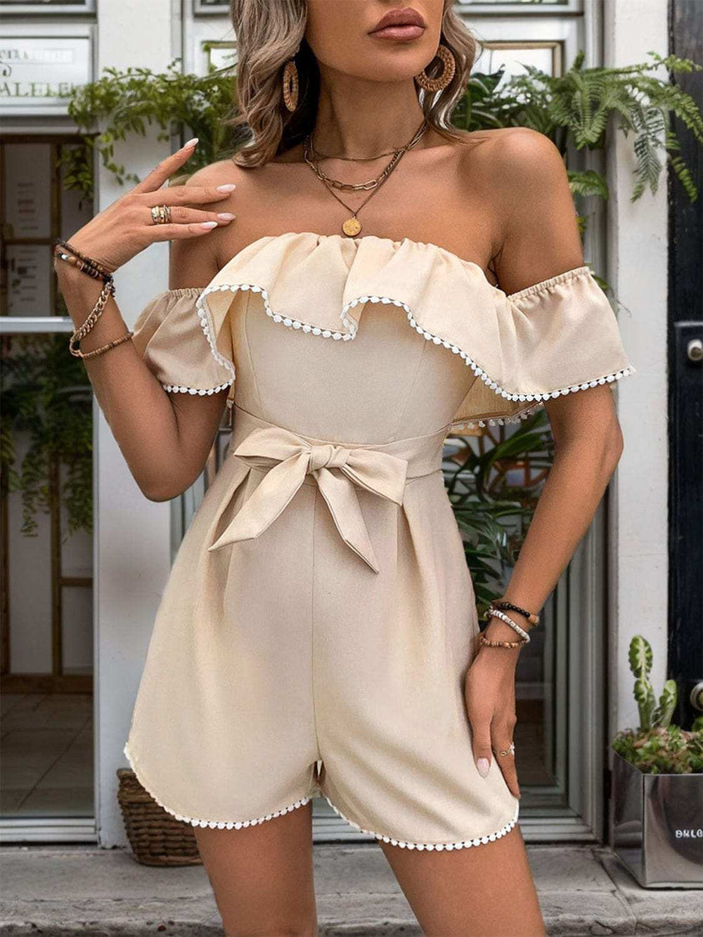 Tied Ruffled Off-Shoulder Short Sleeve Romper - Trendsi - Flyclothing LLC