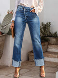 Stepped Waist Raw Hem Rolled Straight Jeans - Trendsi - Flyclothing LLC