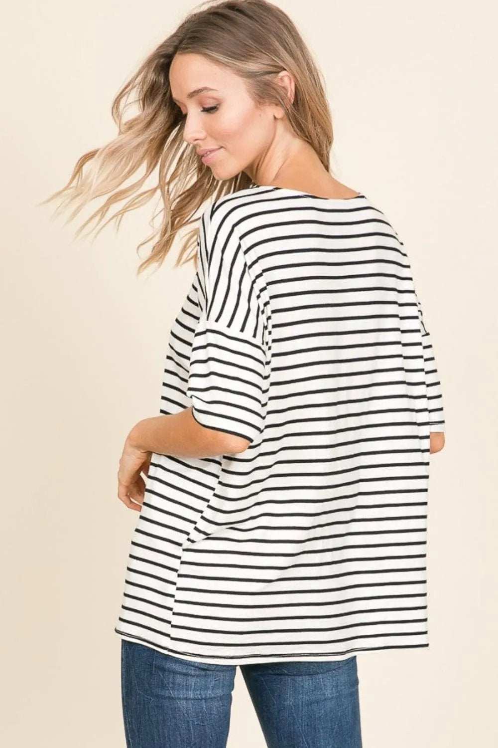 BOMBOM Striped Round Neck T-Shirt - Trendsi - Flyclothing LLC