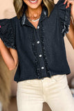 Button Down Raw Hem Ruffled Denim Shirt - Trendsi - Flyclothing LLC