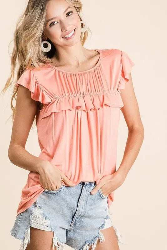 BiBi Jersey Knit Gathered Top with Ruffles - Trendsi - Flyclothing LLC