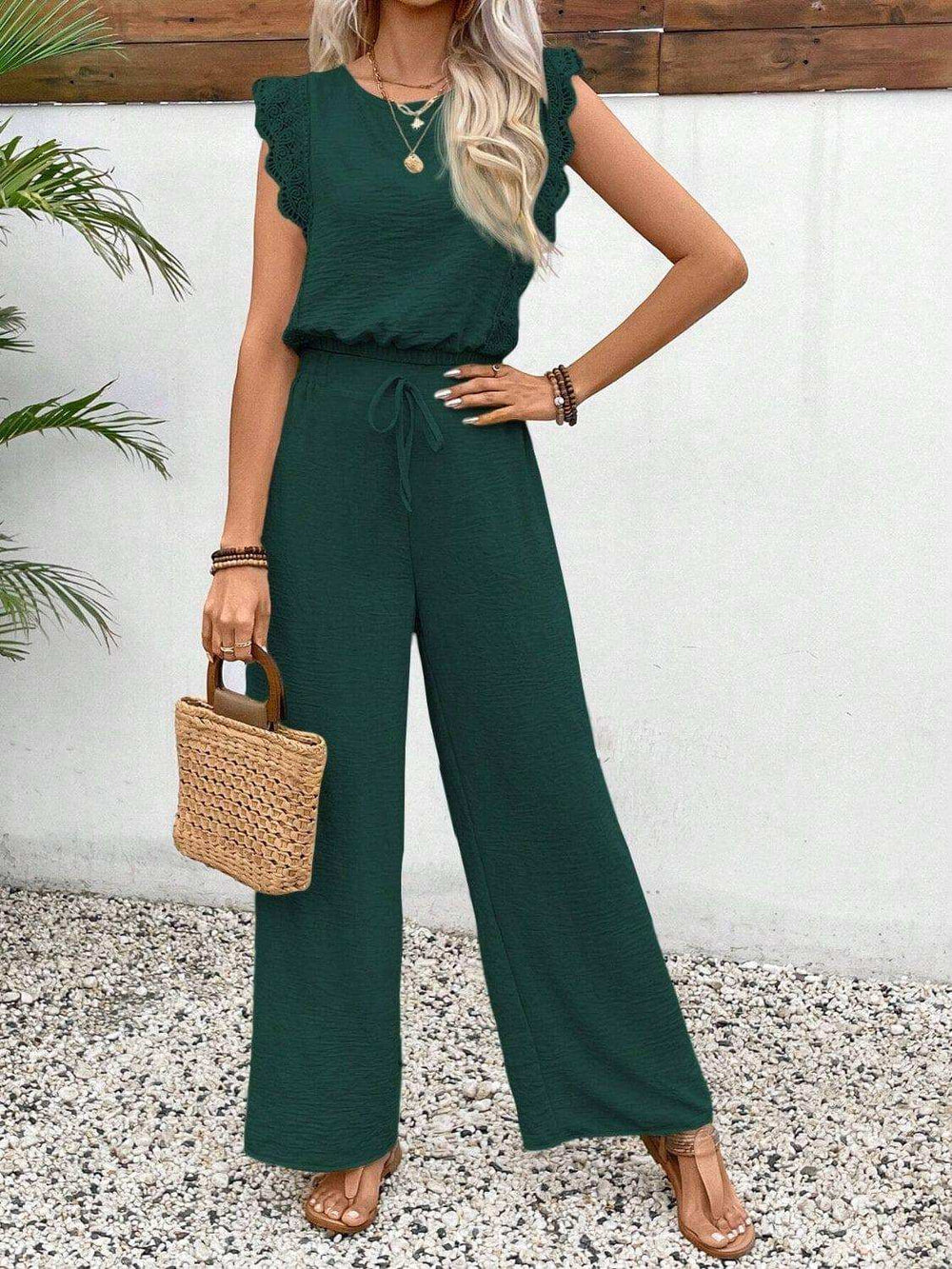 Lace Trim Round Neck Top and Pants Set - Trendsi - Flyclothing LLC