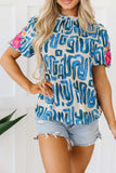 Embroidered Printed Mock Neck Short Sleeve Blouse - Trendsi - Flyclothing LLC