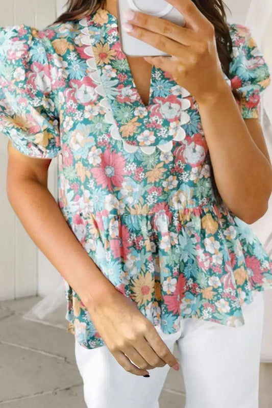 Printed Notched Short Sleeve Blouse - Trendsi - Flyclothing LLC