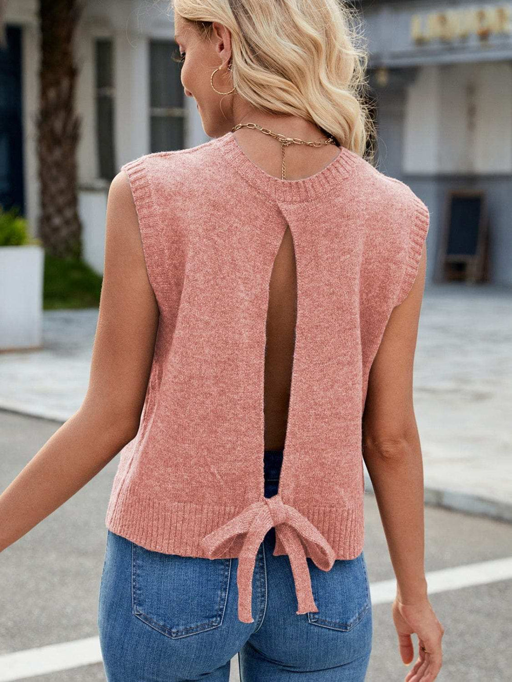Cutout Round Neck Sleeveless Sweater - Trendsi - Flyclothing LLC