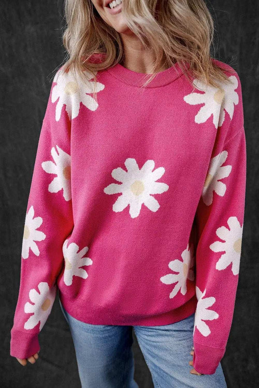 Daisy Round Neck Dropped Shoulder Sweater - Trendsi - Flyclothing LLC