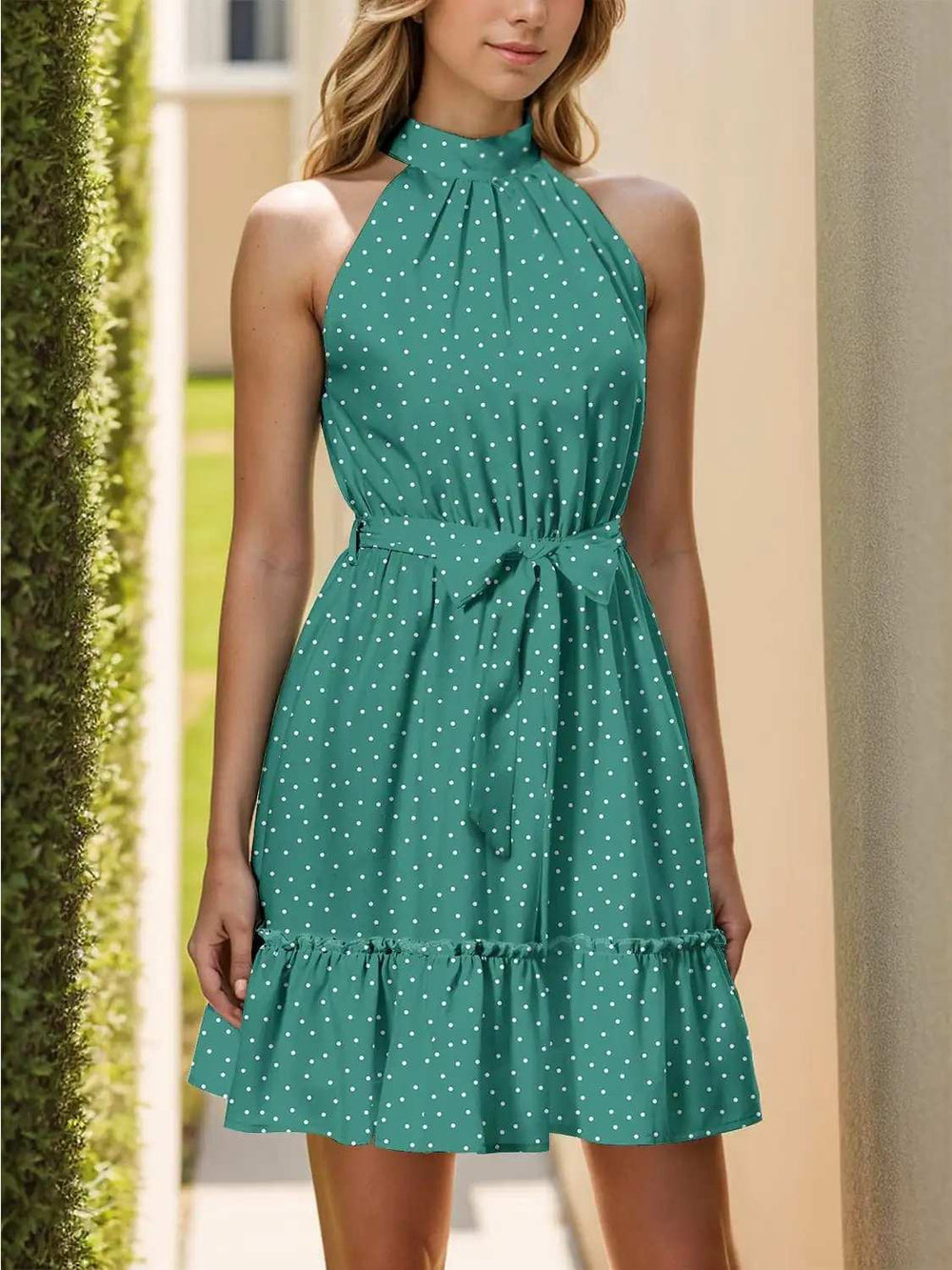 Frill Grecian Neck Tie Waist Mini Dress - Trendsi - Flyclothing LLC