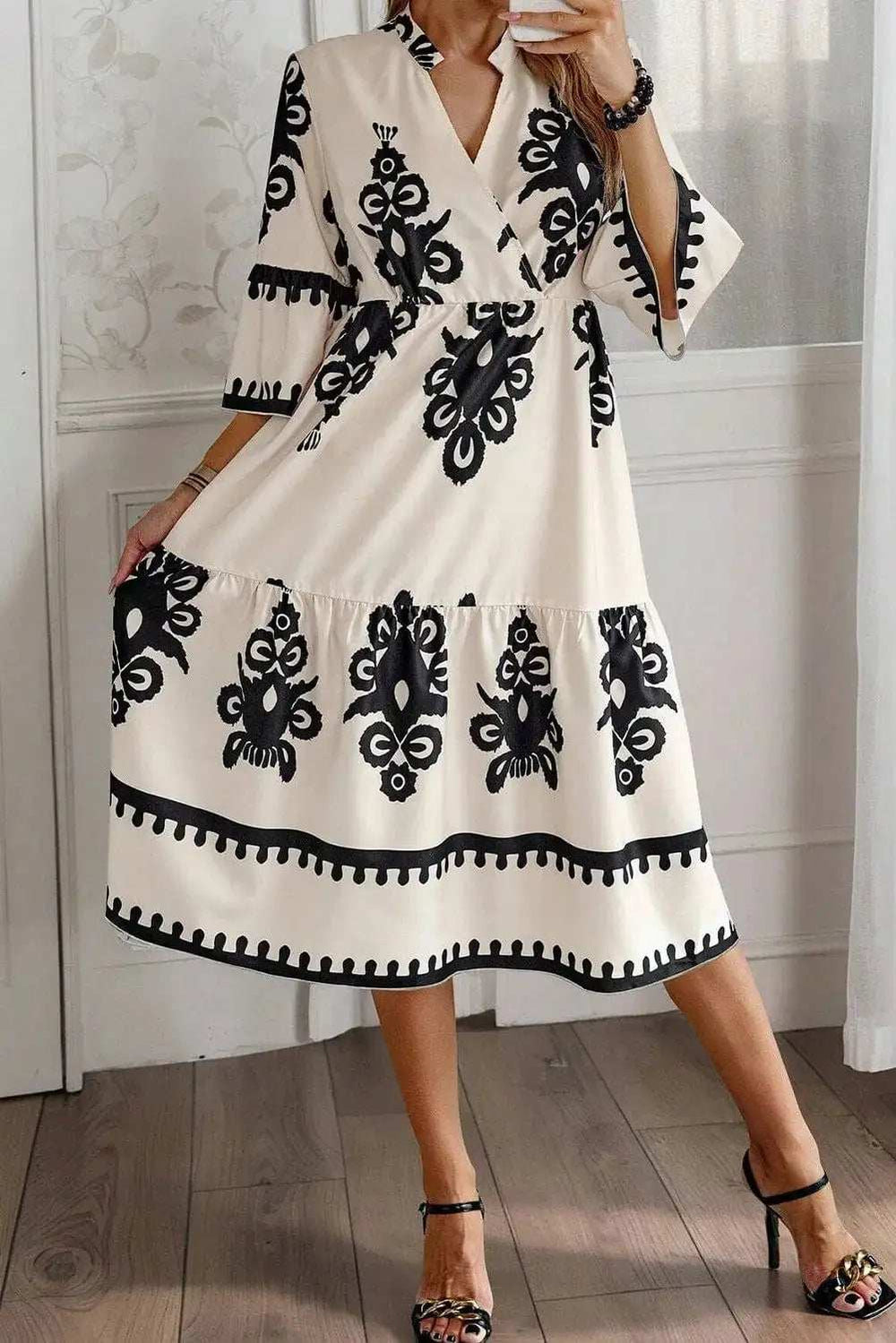 Printed Half Sleeve Knee Length Dress - Trendsi - Flyclothing LLC