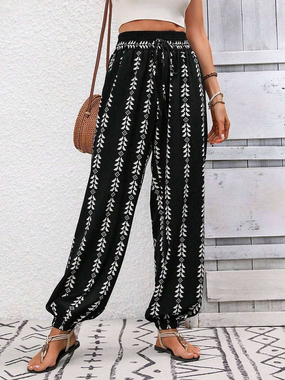 Tied Printed High Waist Pants - Trendsi - Flyclothing LLC