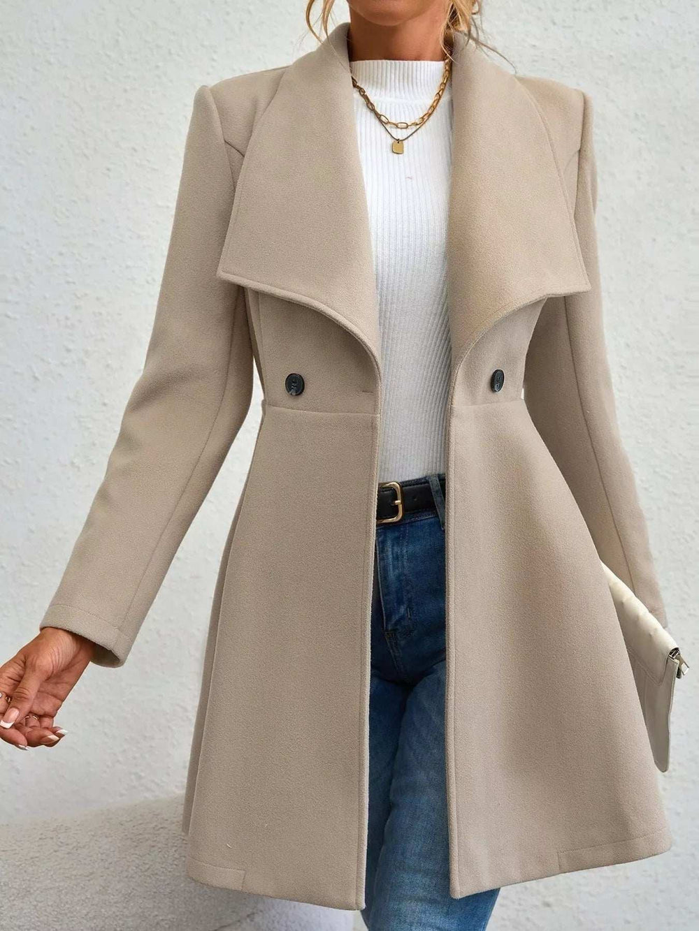 Collared Neck Double Breasted Coat - Trendsi - Flyclothing LLC