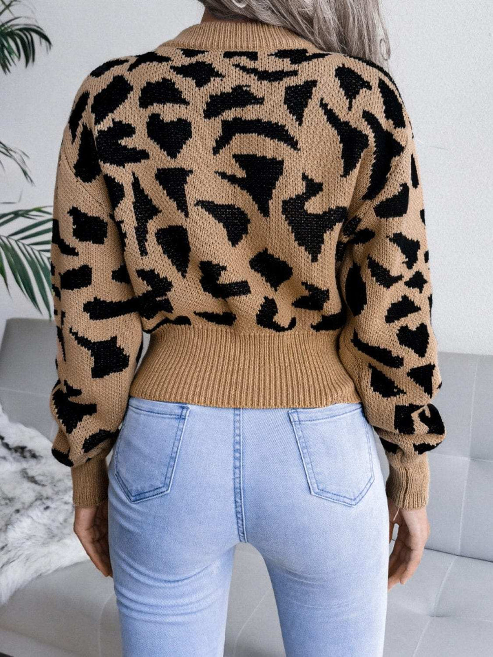 Leopard Round Neck Dropped Shoulder Sweater - Trendsi - Flyclothing LLC