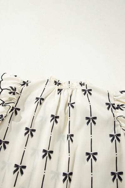 Bow Print Tie Neck Short Sleeve Blouse - Trendsi - Flyclothing LLC